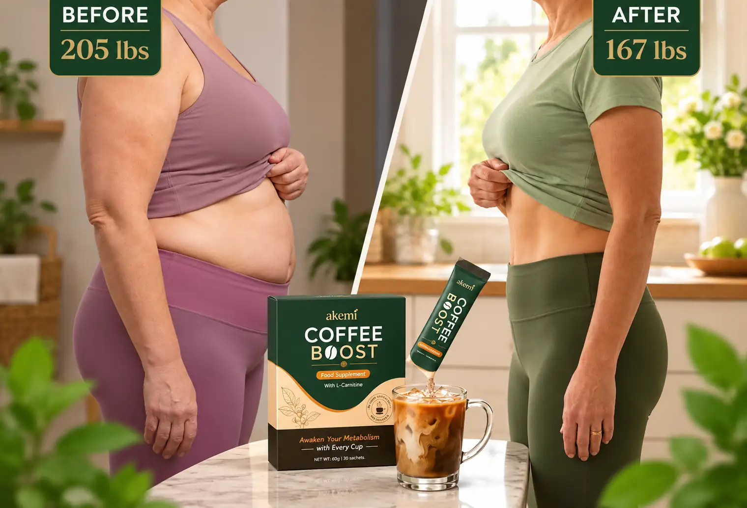 Before-and-after themed promotional illustration for Akemi Coffee Boost