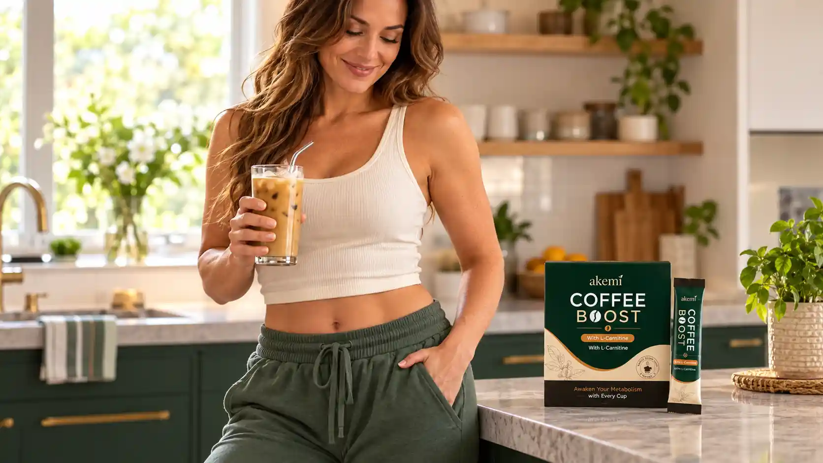 Woman holding iced coffee beside Akemi Coffee Boost packaging