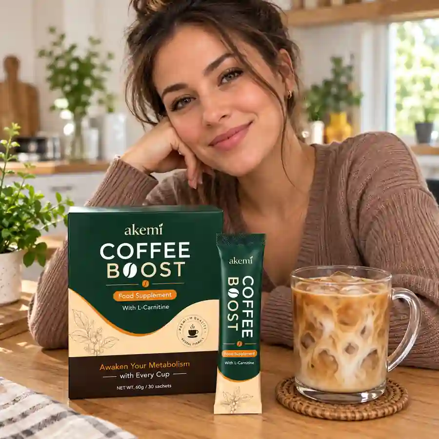 Woman holding Akemi Coffee Boost box in a kitchen