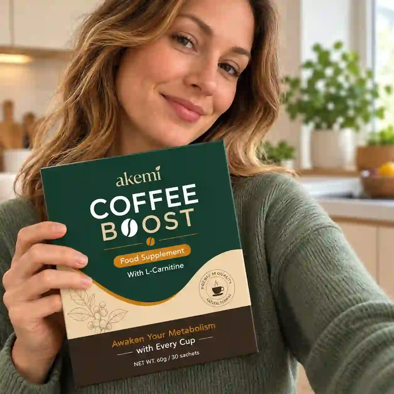 Woman pictured with Akemi Coffee Boost packaging